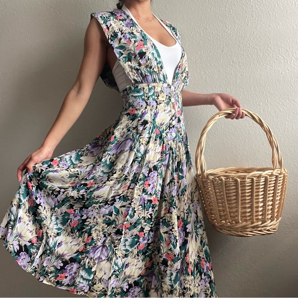 Vintage 80s Floral Pastel Garden Print Overall Dress